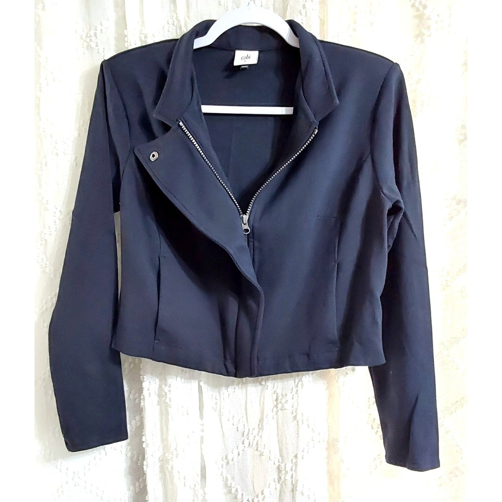 Cabi Womens Navy Blue Asymmetrical Zip Moto Jacket Medium Cropped Stretch Blazer